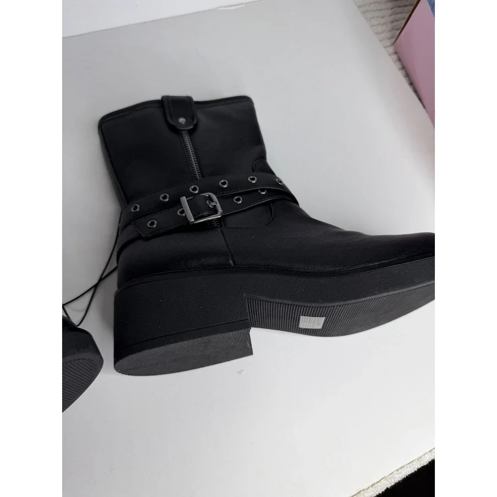 NEW POP‎ Billboard Motorcycle Combat Ankle Faux Leather Black Size 9_8